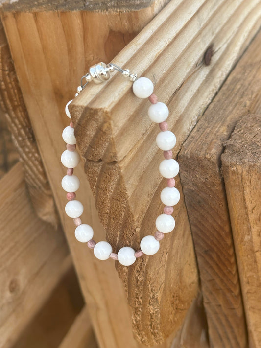 Heart of Guwayana Bracelet – White Shell & Rhodochrosite – Resilience, Love, and Strength Jewelry