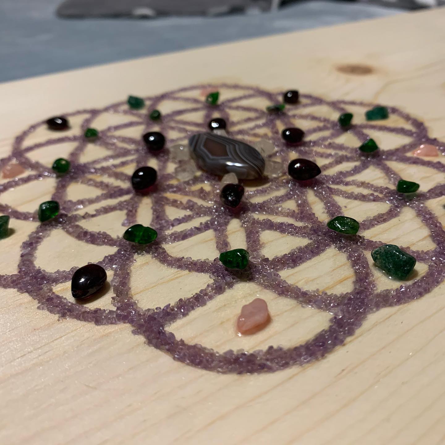 Eir's Table – Handcrafted Console Table with Flower of Life, Amethyst, and Healing Stones – Customizable, Spiritual Healing Furniture