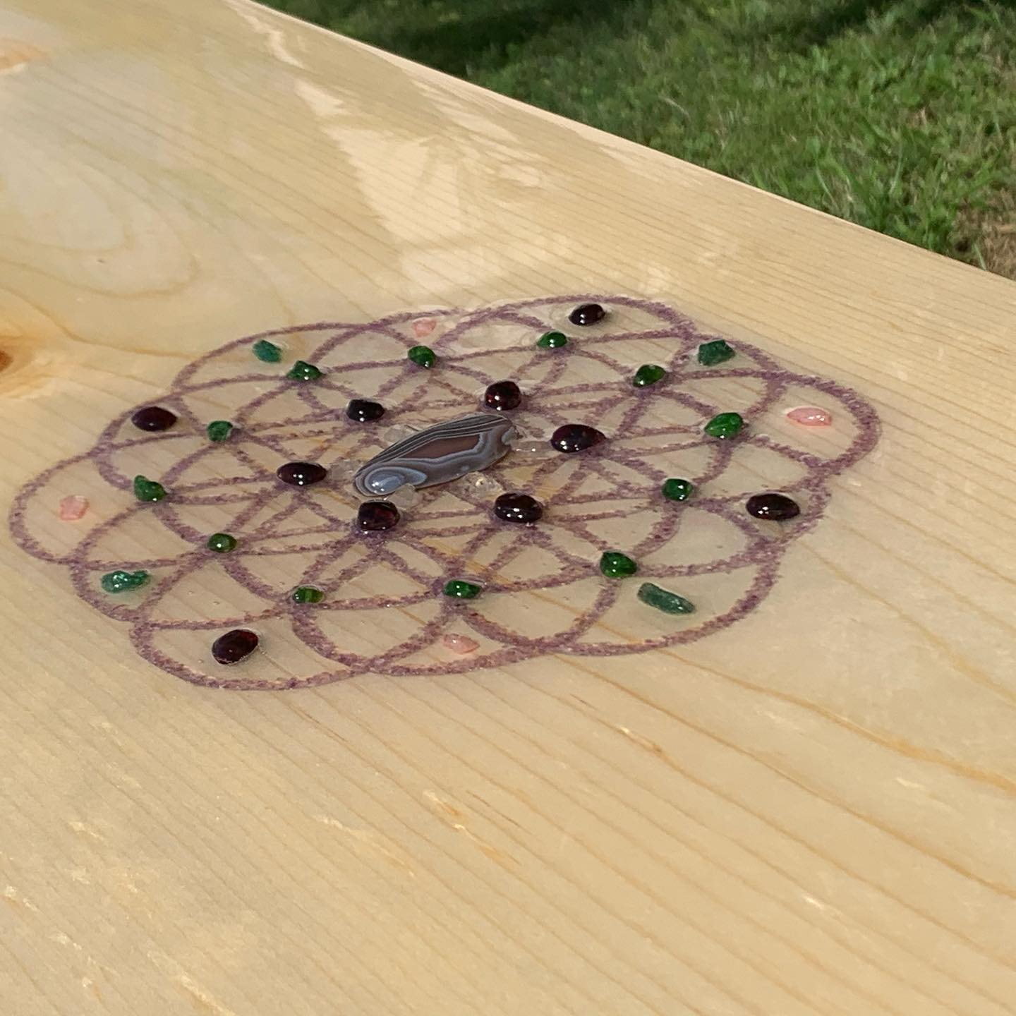 Eir's Table – Handcrafted Console Table with Flower of Life, Amethyst, and Healing Stones – Customizable, Spiritual Healing Furniture