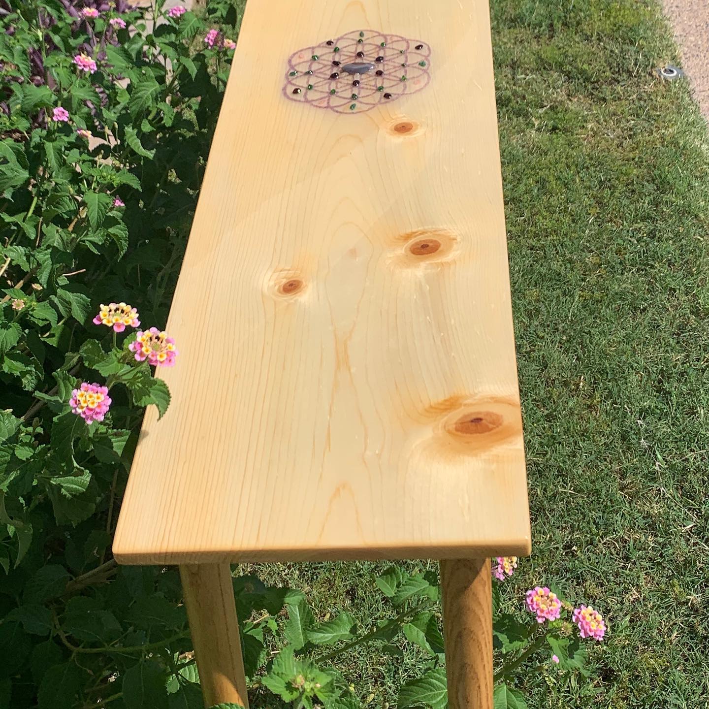 Eir's Table – Handcrafted Console Table with Flower of Life, Amethyst, and Healing Stones – Customizable, Spiritual Healing Furniture