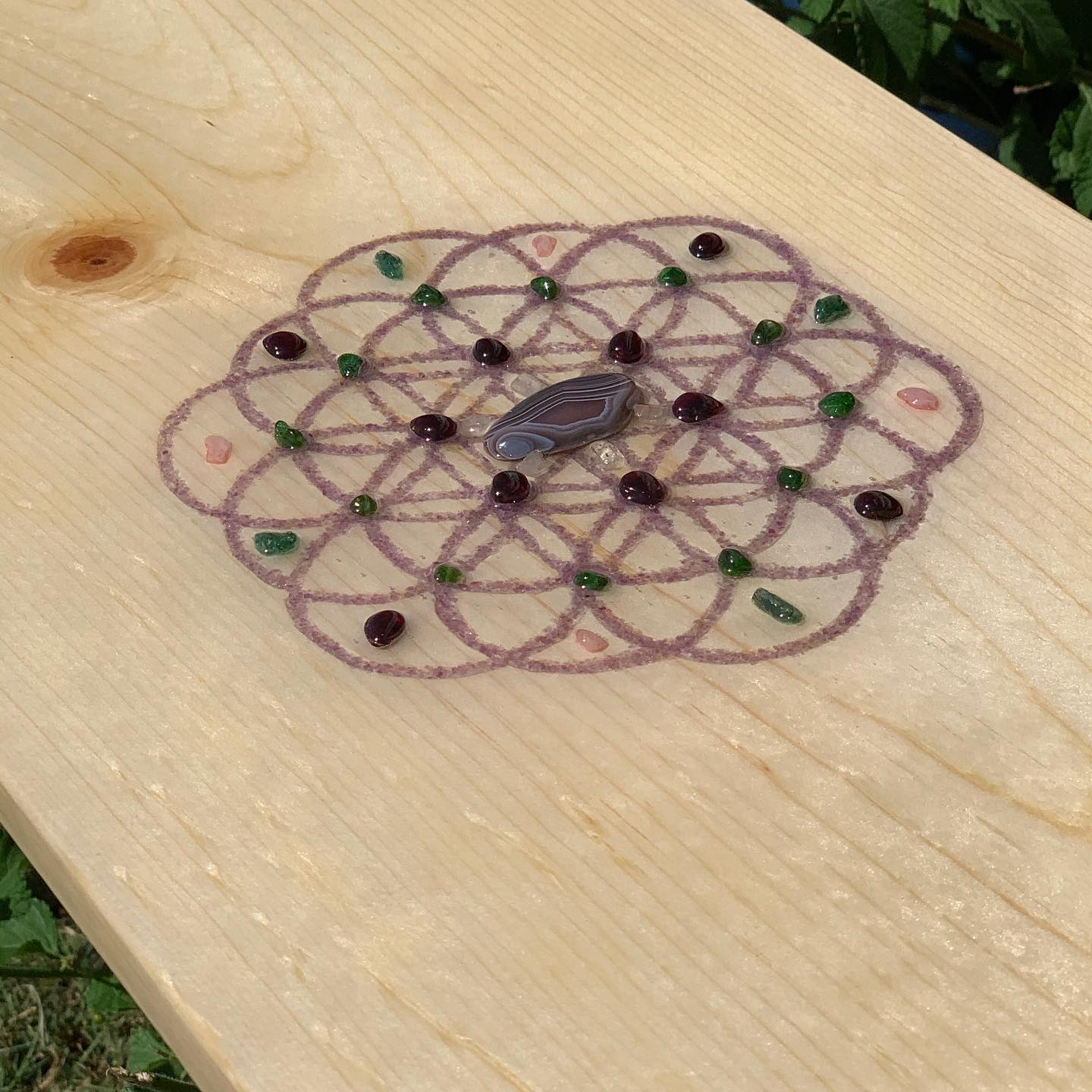 Eir's Table – Handcrafted Console Table with Flower of Life, Amethyst, and Healing Stones – Customizable, Spiritual Healing Furniture